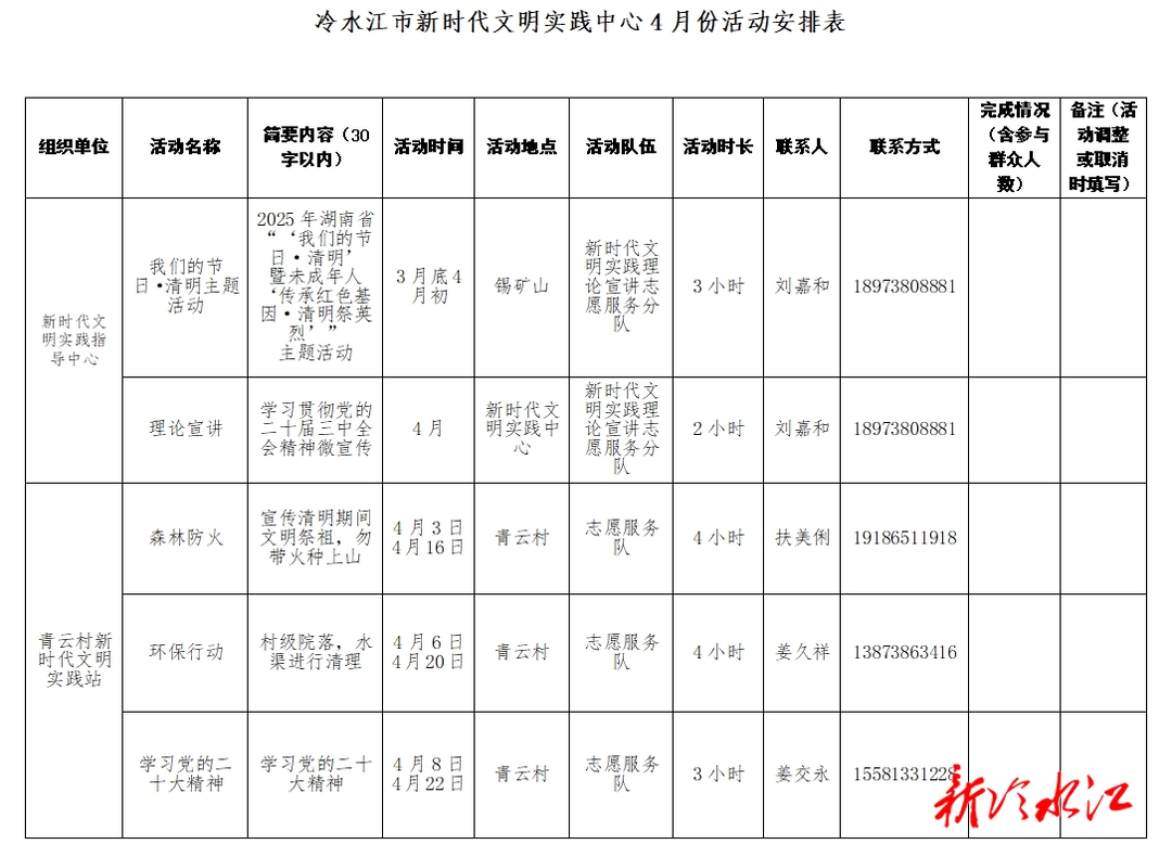 冷水江市新時代文明實踐中心4月份活動安排表